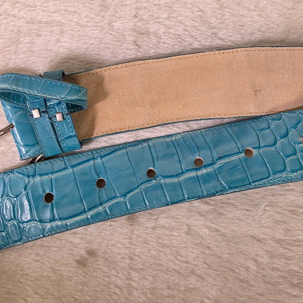 VTG 80s Suzanne Somers Waist Belt Blue Croco Embossed Leather Womens XL